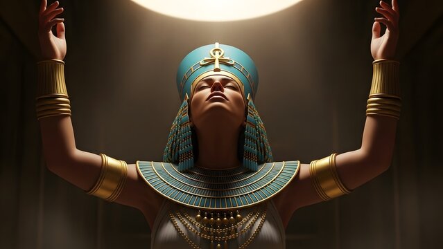 Egyptian queen in golden jewelry and blue headdress reaching up