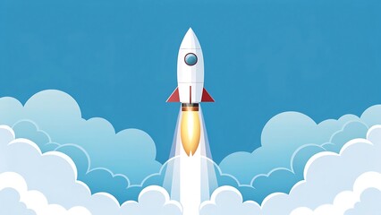 White rocket blasting off into a blue sky with stylized clouds and bright exhaust flames