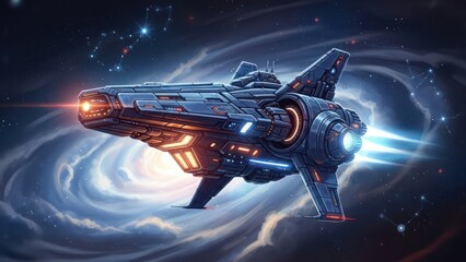 Futuristic sci-fi starship flying through a swirling galaxy in deep outer space with glowing engines and distant stars