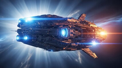Advanced futuristic spaceship travelling through glowing deep space, concept art for interstellar travel and sci-fi exploration