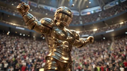 Golden Gladiator Mascot Celebrates Victory in Stadium