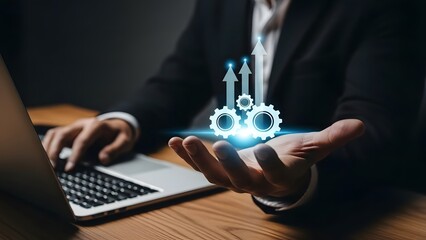 Businessman interacting with futuristic digital interface on laptop