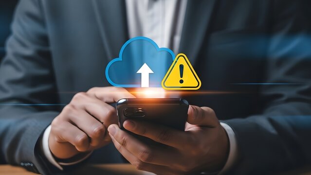 Businessman interacting with cloud computing security warning symbol - Powered by Adobe