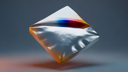 A highly reflective faceted crystal or gemstone with rainbow hues on its surface