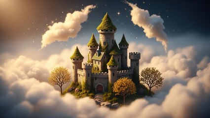 Enchanted fantasy castle on a floating island above soft clouds, magical dreamscape with glowing sky and autumn trees