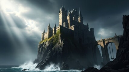 Majestic medieval castle fortress perched on a dramatic cliffside overlooking a stormy ocean. Sun rays pierce dark, ominous clouds.
