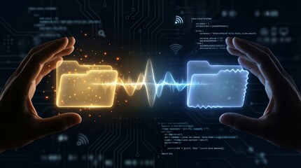 Digital Data Transfer and File Sharing Concept with Glowing Folders.