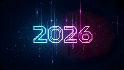 Futuristic glowing number 2026 with digital light effects on dark background.