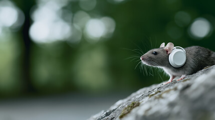 Fototapeta premium A small mouse wearing white headphones on a mossy rock