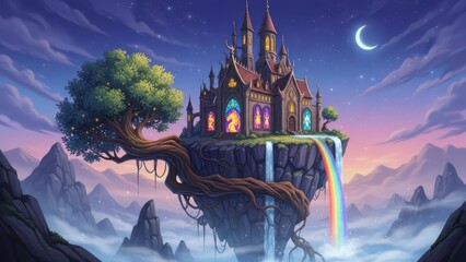 Magical fantasy castle on a floating island with a rainbow waterfall, nestled in an enchanted landscape under a twilight sky.