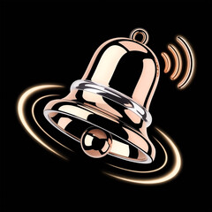notification bell 3d rose gold chrome ringing with glowing arcs on black background