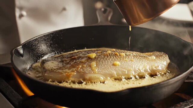 Chef basting fish with butter in hot skillet