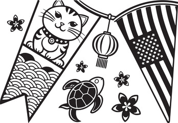 Cultural Fusion Illustration with Japanese Cat, Lantern, Turtle, Flowers, and American Flag Elements