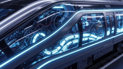 Sleek futuristic high-speed train with glowing blue lights, advanced technology, and transparent panels revealing internal mechanisms