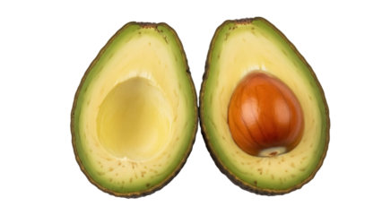Halved avocado with pit isolated PNG, fresh green fruit cut in half on transparent background, healthy eating and vegetarian diet