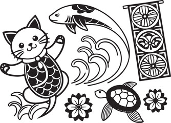 Fototapeta premium Japanese Cultural Illustration Featuring Koi Cat, Turtle, Waves, Flowers, and Traditional Banner Elements