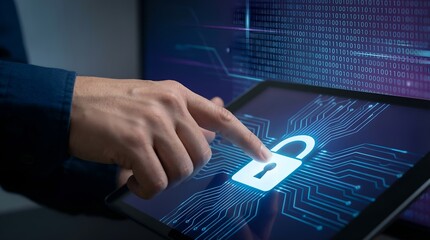 Digital Security Concept Hand Touching Padlock Icon on Tablet Screen.