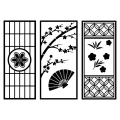 Japanese Panel Art Featuring Cherry Blossoms, Fan, Shoji Screen, Floral Emblem, and Traditional Decorative Motifs