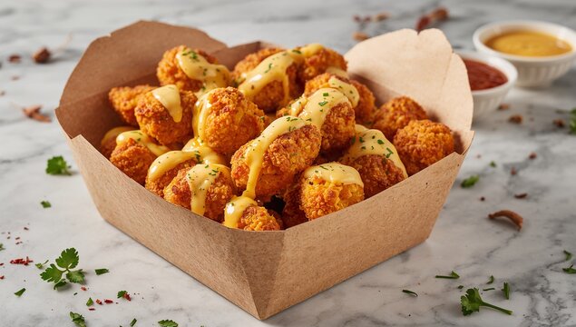 Chicken popcorn snack box with crispy bite-size chicken pieces, golden texture, and savory flavor, fun fast-food style presentation with clean modern packaging visuals
