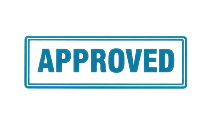Blue approved stamp PNG isolated on transparent background, rectangular seal with bold text for document validation and confirmation