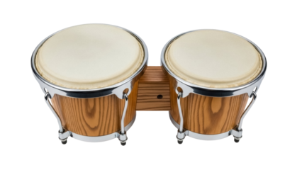 Wooden bongo drums isolated PNG on transparent background, percussion instrument for Latin music and rhythm