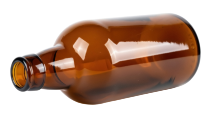 Amber beer bottle PNG isolated on transparent background, empty glass container for beverage packaging and product mockup