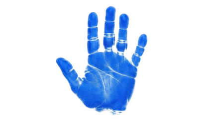 Blue handprint PNG isolated on transparent background, human palm print for art and design projects, vibrant color and detailed texture