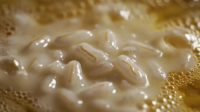 Close up of rice grain cooking in bubbling liquid