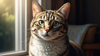 Close-up portrait of a beautiful domestic tabby cat with bright green eyes looking intently at the camera by a sunlit window