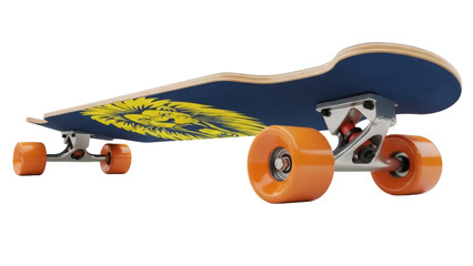 Blue longboard with yellow lion graphic isolated PNG, skateboard for recreation and transportation on transparent background © Sophie