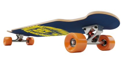 Blue longboard with yellow lion graphic isolated PNG, skateboard for recreation and transportation on transparent background