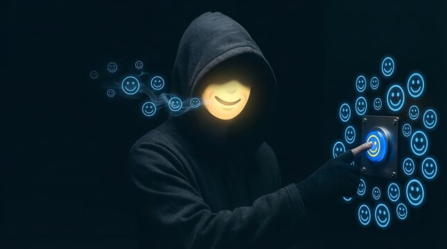 Hacker in a dark hoodie with a glowing smiley face mask interacting with digital emojis. - Powered by Adobe