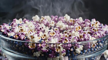 Colorful popcorn kernels popping vigorously in a glass bowl - Powered by Adobe