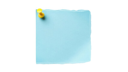 Light blue square sticky note with yellow push pin isolated PNG, blank paper reminder for office or home on transparent background