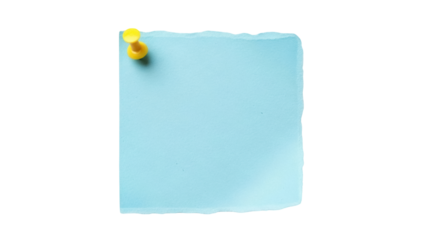 Light blue square sticky note with yellow push pin isolated PNG, blank paper reminder for office or home on transparent background