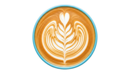 Latte art in a blue cup isolated PNG, coffee drink with heart and leaf pattern on transparent background, cafe beverage