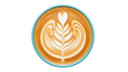 Latte art in a blue cup isolated PNG, coffee drink with heart and leaf pattern on transparent background, cafe beverage