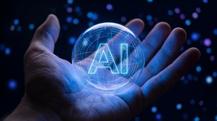 Hand holding a glowing AI sphere representing artificial intelligence and technology.