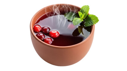 Hot cranberry tea with mint in a brown bowl isolated PNG, refreshing beverage on transparent background