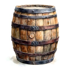 Fototapeta premium A rustic wooden barrel with metal bands rendered in a watercolor painting style