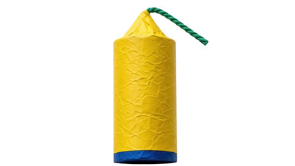 Yellow firecracker isolated PNG on transparent background, explosive pyrotechnic device for celebration and festive events, dangerous explosive