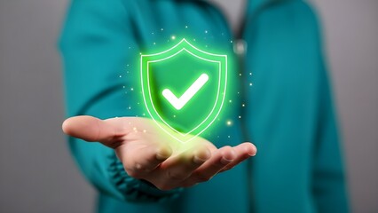 Hand holding a glowing green shield with a checkmark symbolizing digital security and protection.
