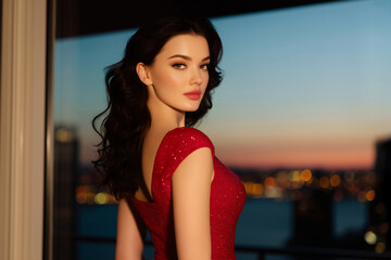Elegant evening portrait of a woman in a red dress by the city window