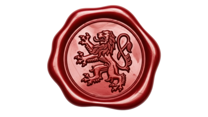 Red wax seal with lion rampant isolated PNG on transparent background, heraldic emblem for medieval documents and royal correspondence