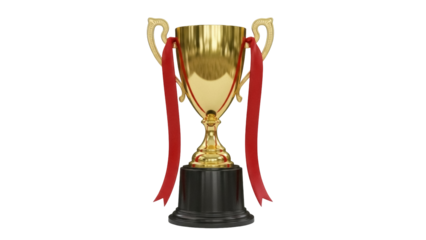 Golden trophy cup with red ribbons isolated PNG, award prize for winning first place in competition or championship on transparent background