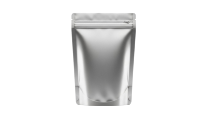 Silver stand-up pouch PNG isolated on transparent background, blank foil bag mockup for food packaging and product presentation