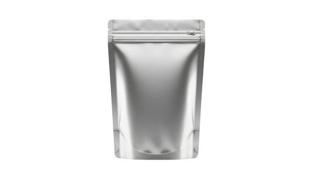 Silver stand-up pouch PNG isolated on transparent background, blank foil bag mockup for food packaging and product presentation