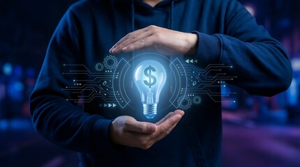 Innovative Business Idea Glowing Light Bulb with Dollar Sign and Digital Network.