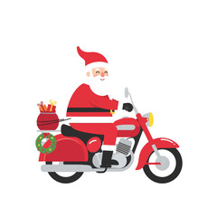 Festive Santa Claus Riding a Motorcycle with Gifts and Holiday Accessories for Christmas Celebration