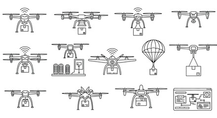 Various drones performing delivery tasks
